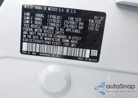 2022 Honda Hr-V Awd Ex from USA, damaged, VIN 3CZRU6H53NM742907